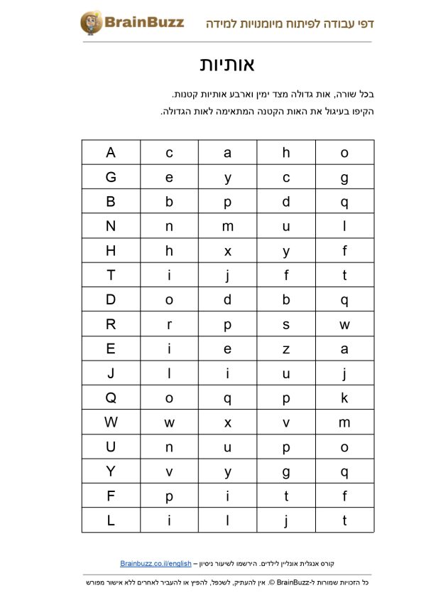 אותיות גדולות אותיות קטנות באנגלית - דף עבודה באנגלית - BrainBuzz - דפי ...