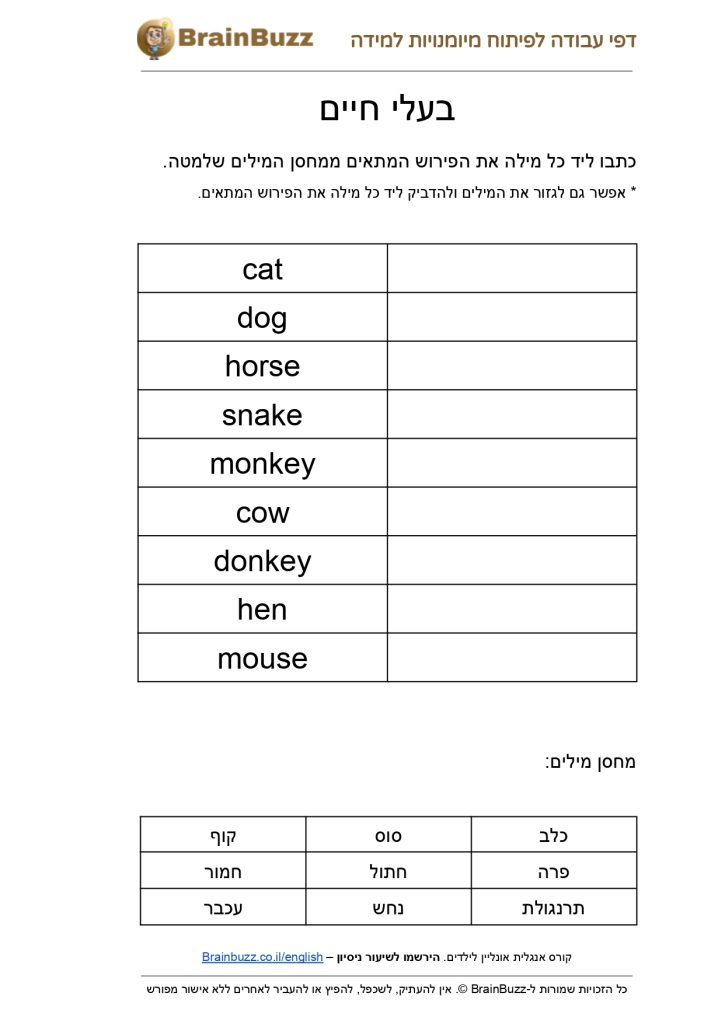לימוד שמות של חיות באנגלית – דף עבודה באנגלית לילדים בחינם