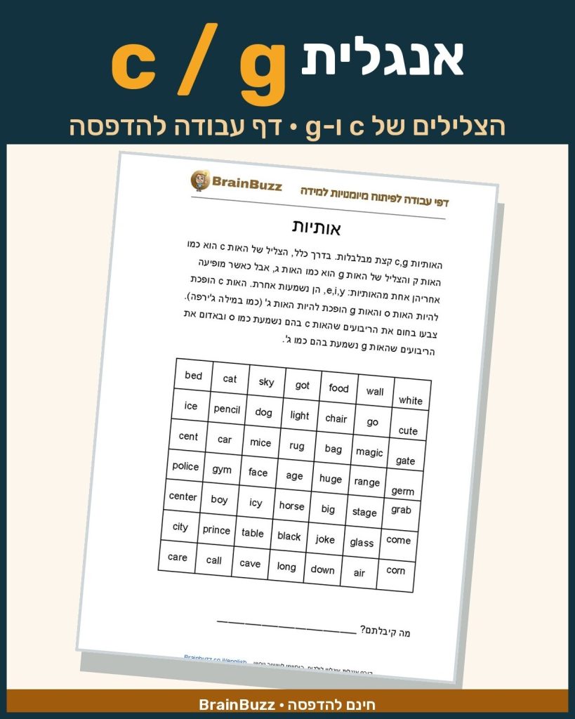 הצלילים של האותיות c ו-g באנגלית – דף עבודה באנגלית