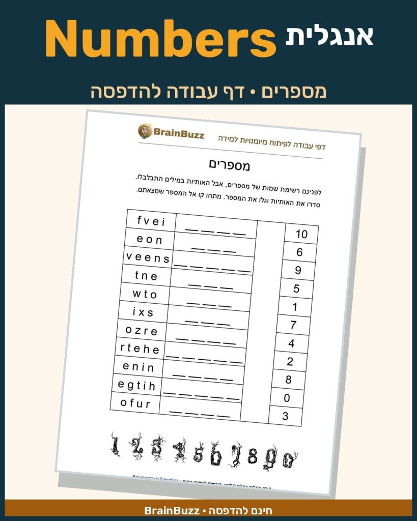 לימוד מספרים באנגלית – דף עבודה באנגלית לילדים בחינם