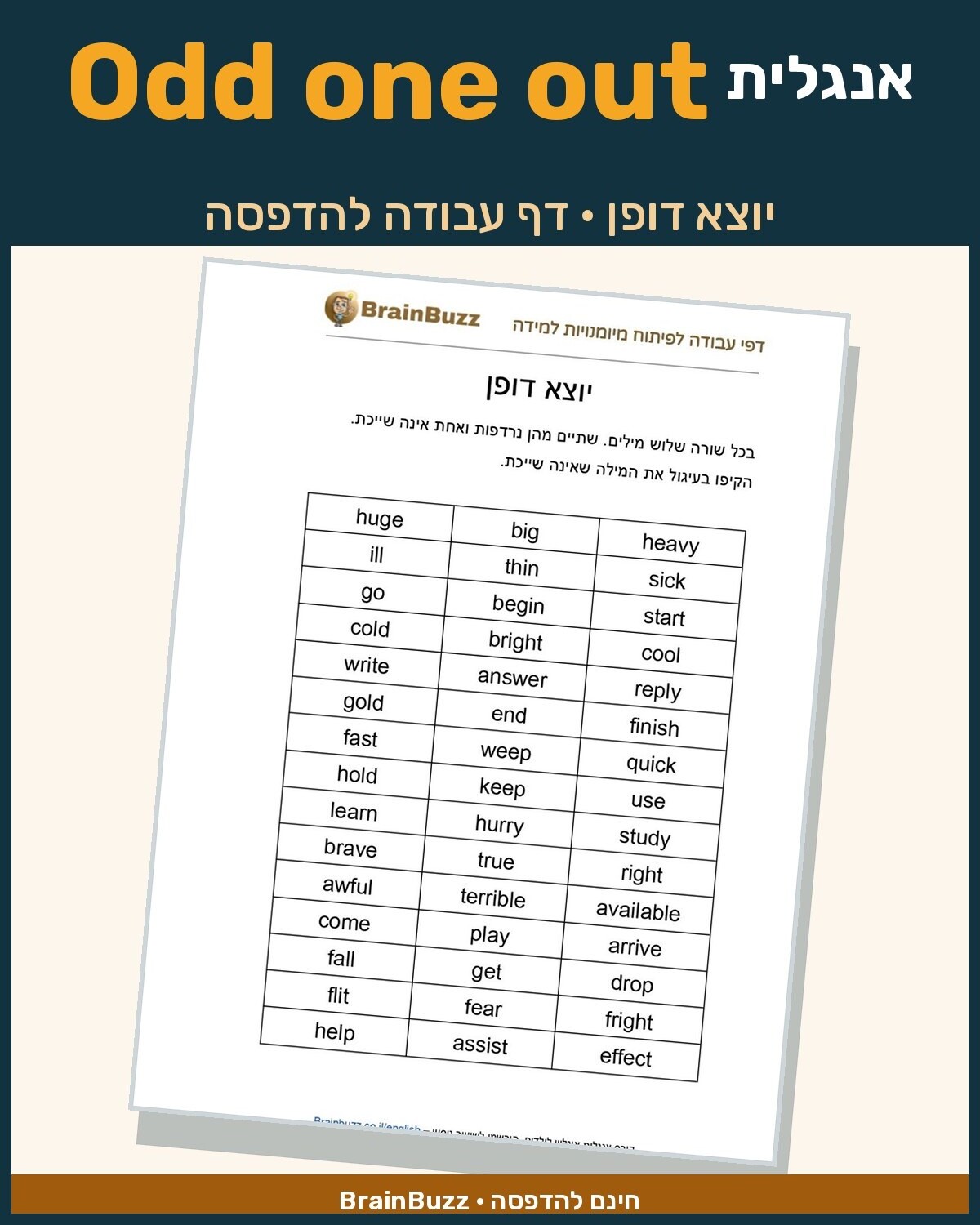 יוצא דופן באנגלית – דף עבודה באנגלית לילדים בחינם