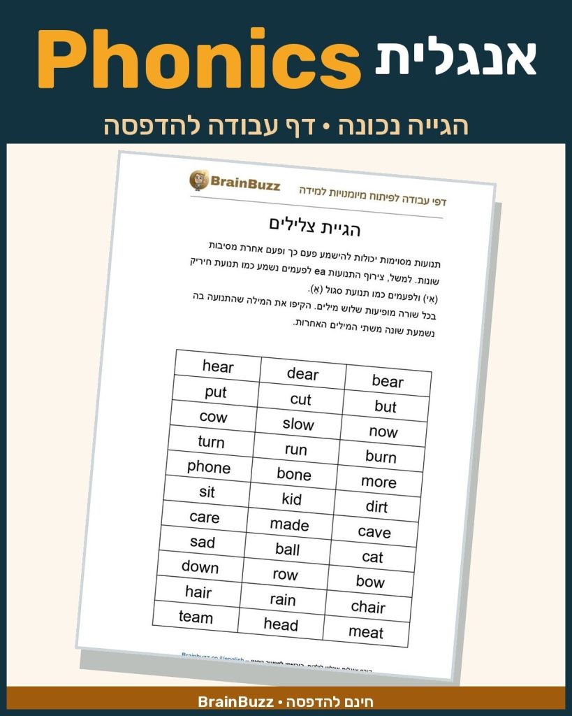 הגייה נכונה באנגלית – דף עבודה באנגלית לילדים בחינם