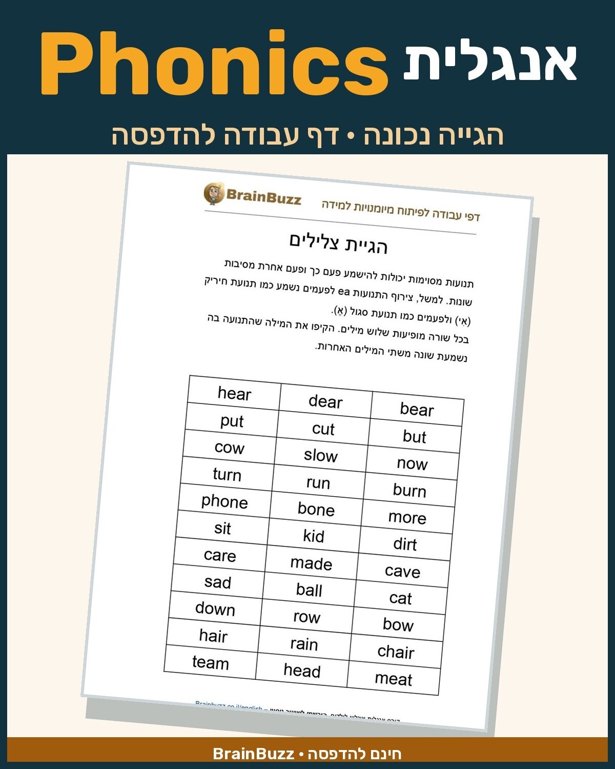 הגייה נכונה באנגלית – דף עבודה באנגלית לילדים בחינם