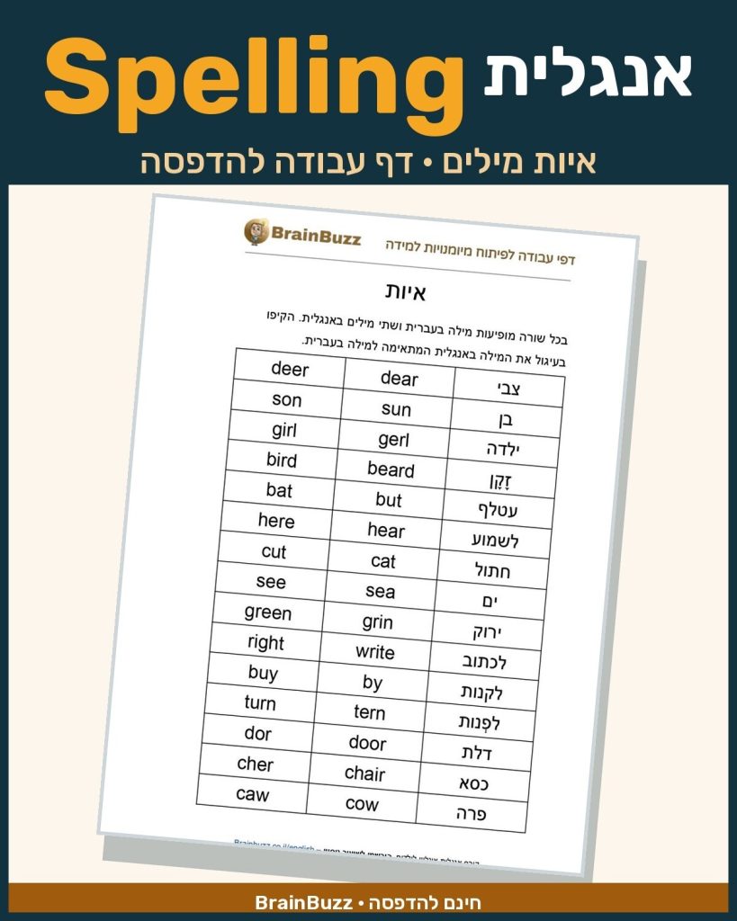 איות מילים באנגלית – דף עבודה באנגלית לילדים בחינם