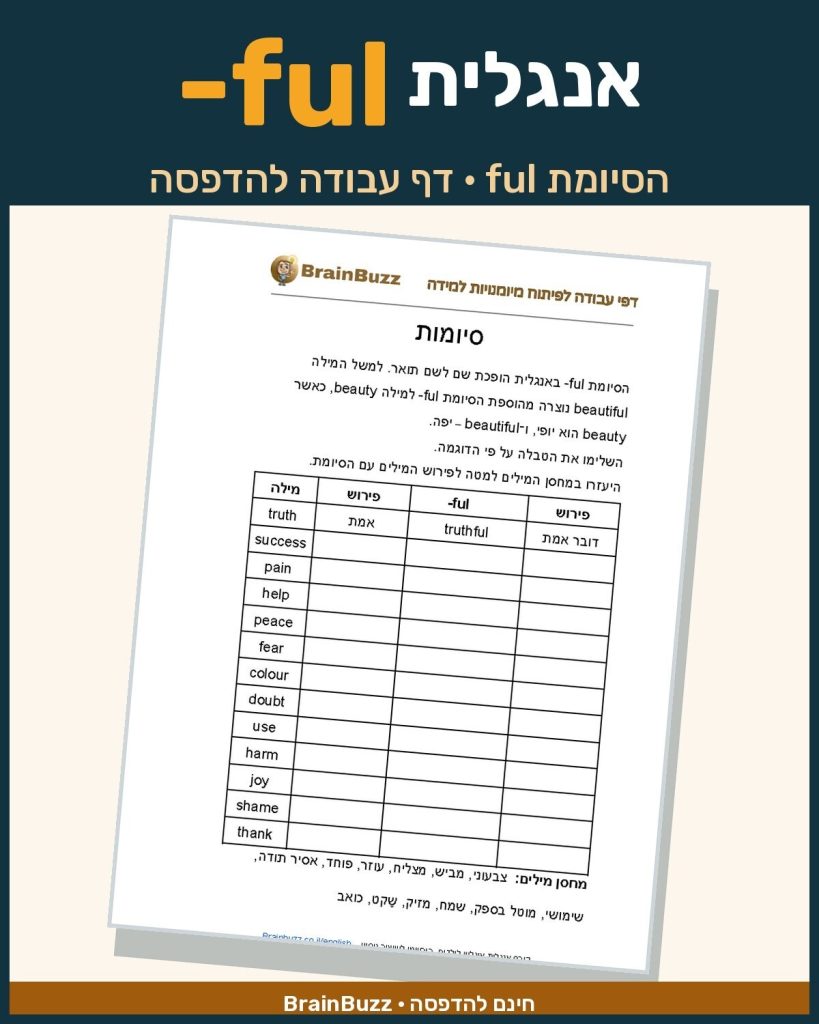 הסיומת ful- באנגלית – דף עבודה באנגלית