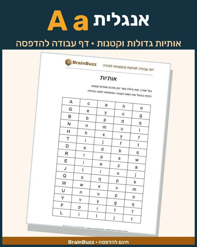 אותיות גדולות אותיות קטנות באנגלית – דף עבודה באנגלית לילדים בחינם