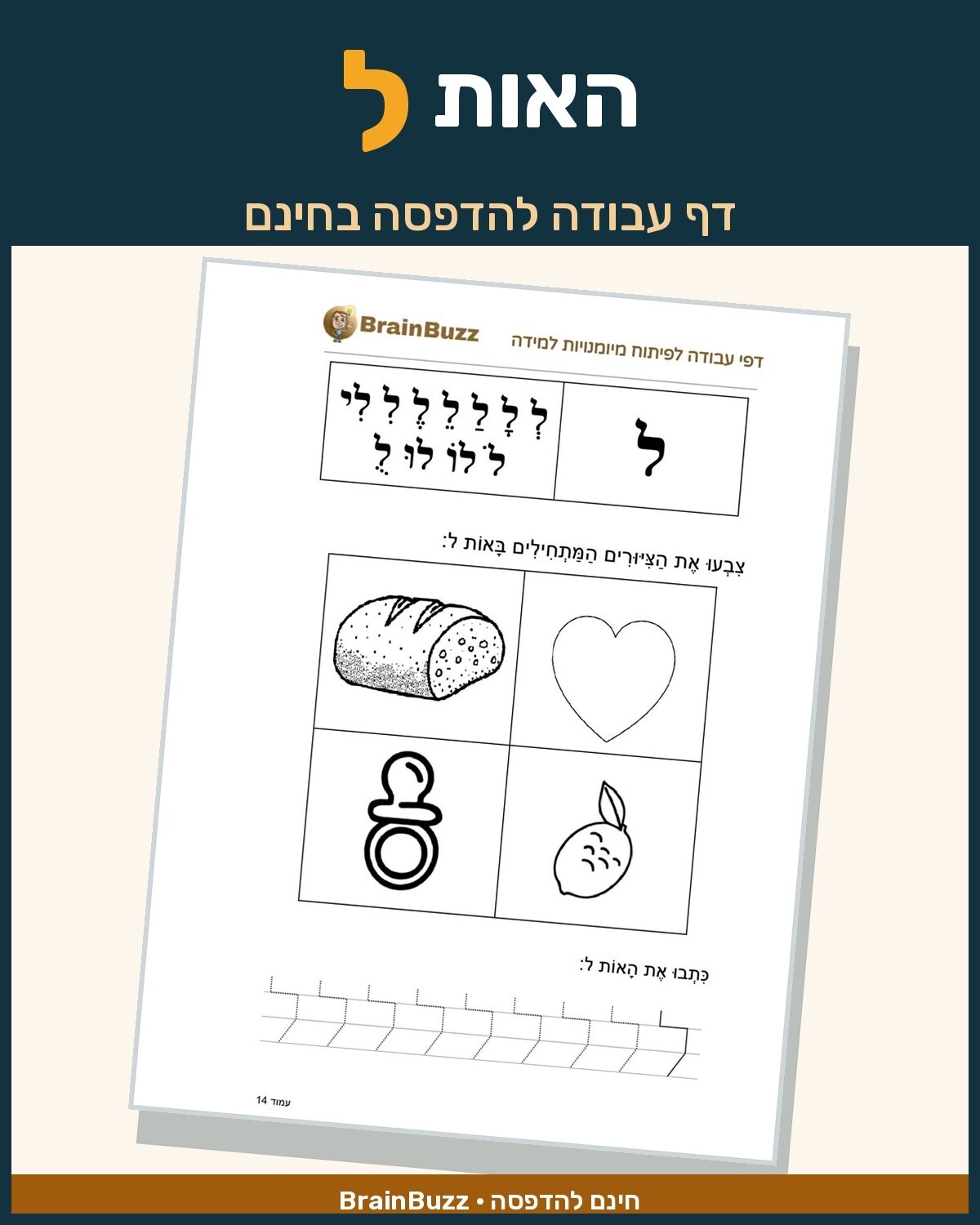 האות ל - לימוד אותיות - דף עבודה לכיתה א / לגן חובה / הכנה לכיתה א