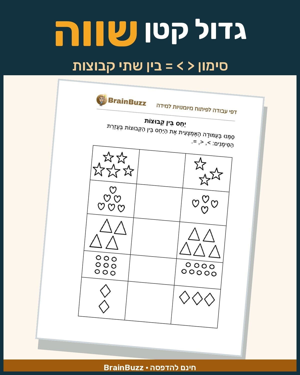 יחס בין קבוצות - גדול קטן שווה - דף עבודה בחשבון לכיתה א / לגן חובה / הכנה לכיתה א