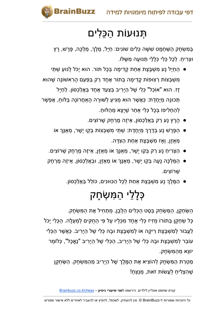 תנועות הכלים בשחמט – דפי עבודה לילדים להדפסה בחינם