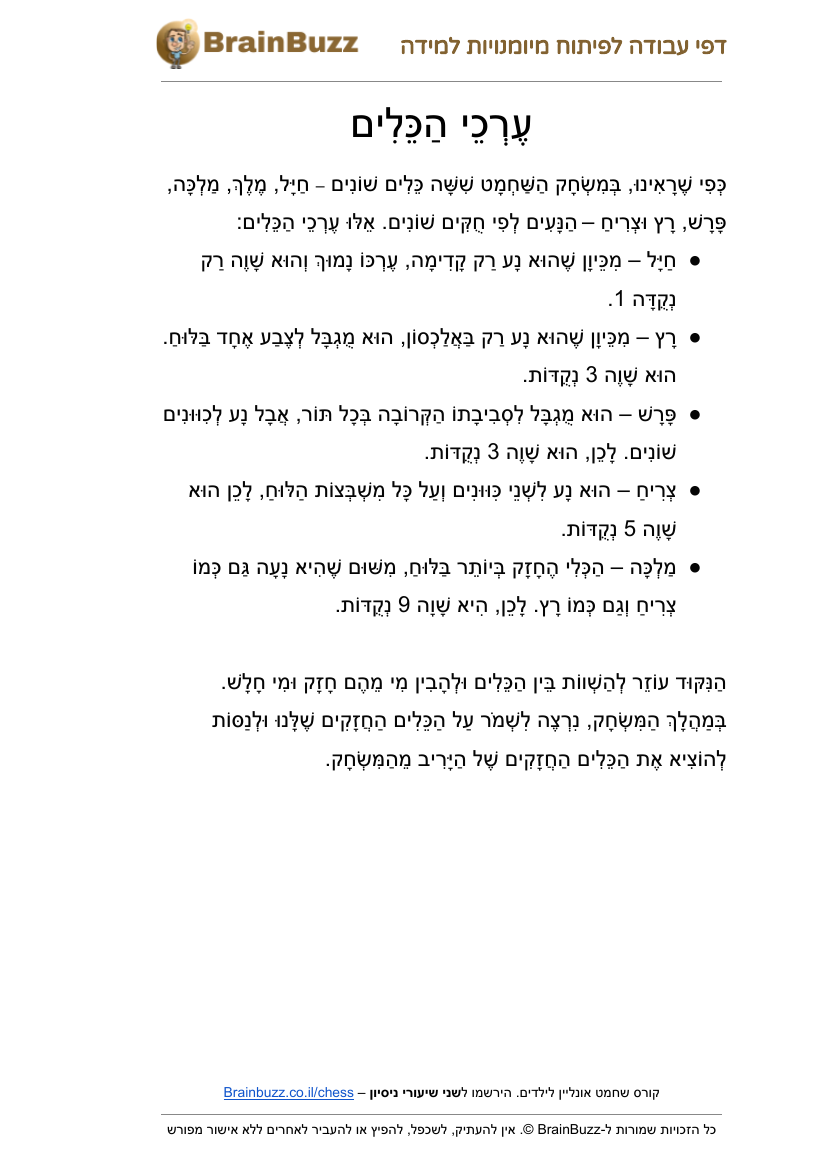ערכי הכלים בשחמט – דפי עבודה לילדים להדפסה בחינם