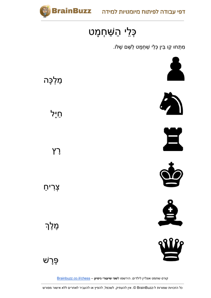 שמות כלי השחמט – דפי עבודה ומשחקים לילדים להדפסה