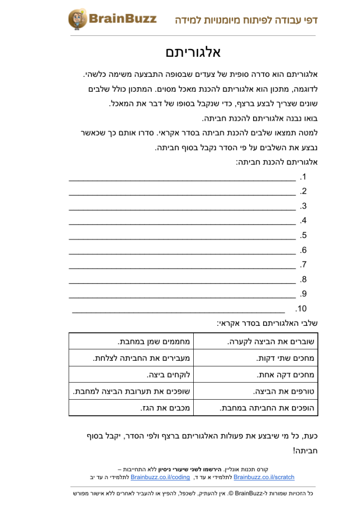 מהו אלגוריתם? – דף עבודה בתכנות לילדים בחינם