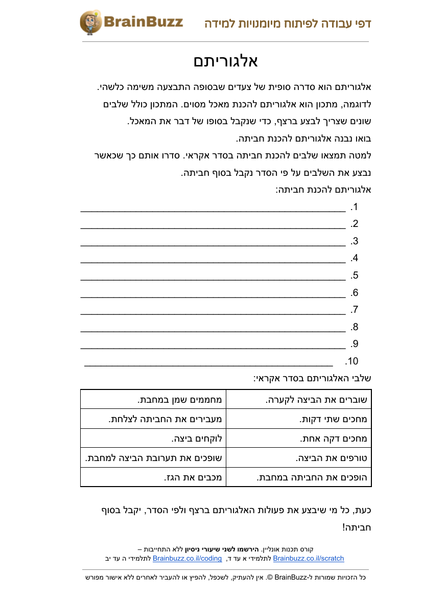 מהו אלגוריתם? – דף עבודה בתכנות לילדים בחינם - דף עבודה להדפסה