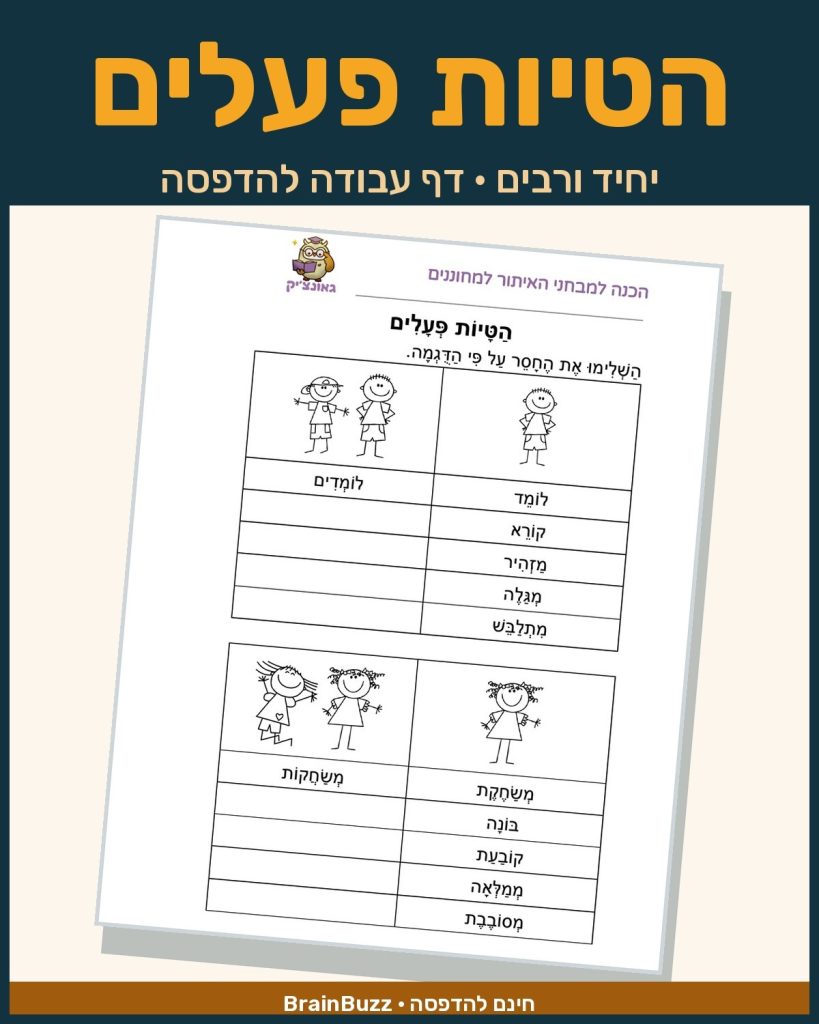 דף עבודה הטיות פעלים בעברית — יחיד ורבים, להדפסה בחינם